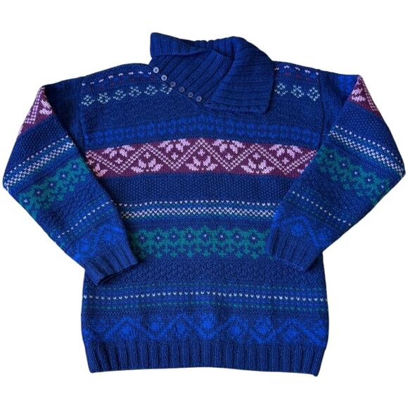Vintage SKYR Shetland Wool Fair Isle Sweater Blue Purple Nordic Small to medium - Picture 1 of 15